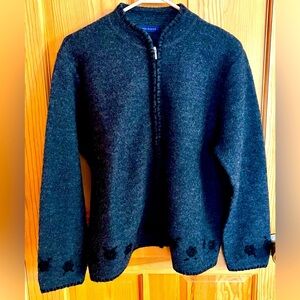 Karen Scott Charcoal 100% Wool Zip Cardigan Sweater Cottagecore Embroidered Goth